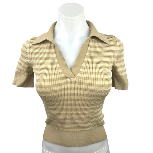 MICHAEL Michael Kors Metallic Gold Striped Collar V-Neck Knit Crop Polo Top 2XS - Picture 1 of 4
